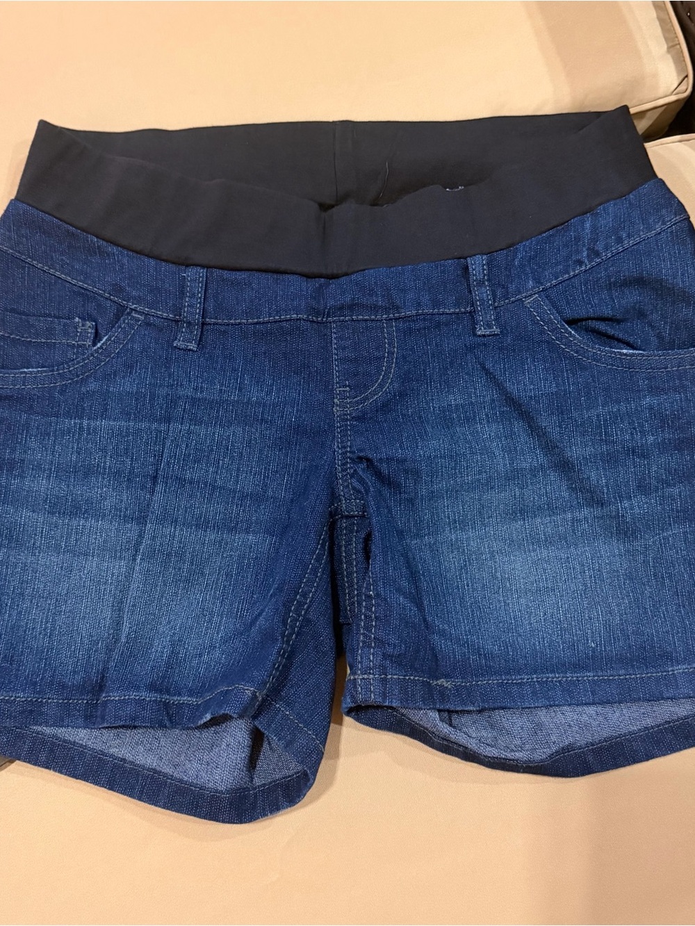 Maternity Women's Dark Blue Denim Maternity Shorts with Black Stretch Waistband